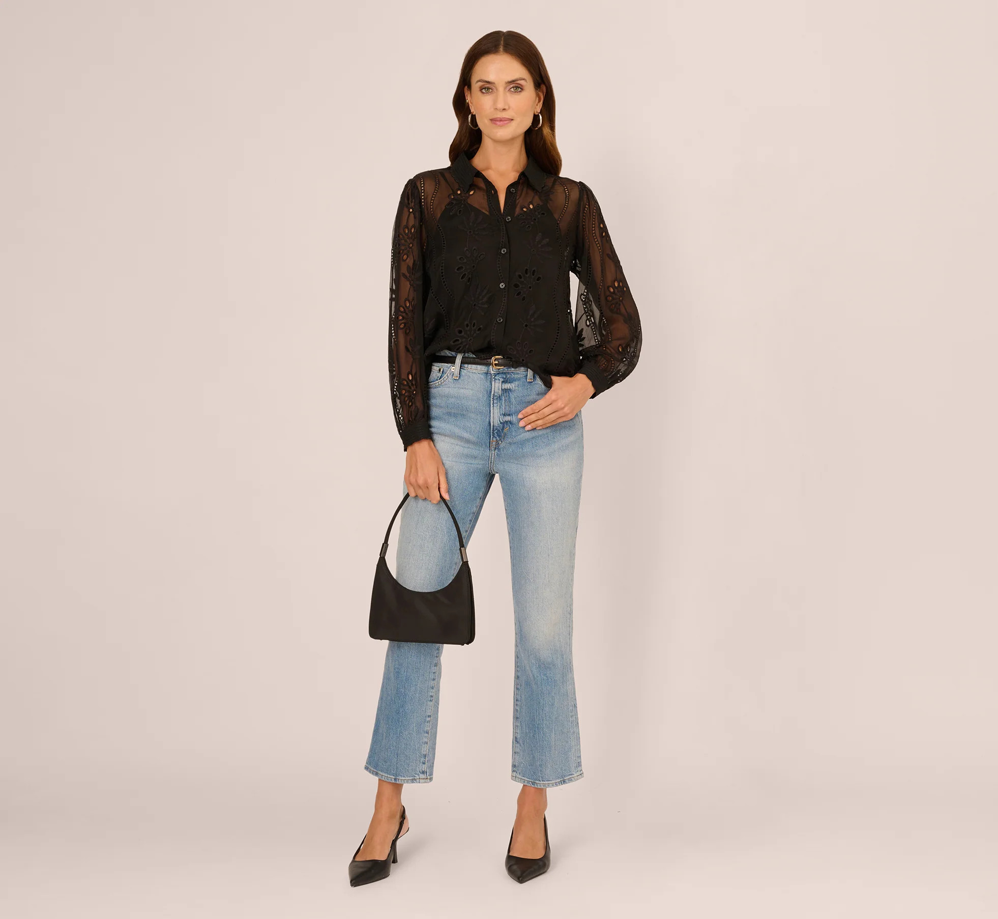 Long Sleeve Sheer Floral Eyelet Lace Blouse In Black | Adrianna Papell