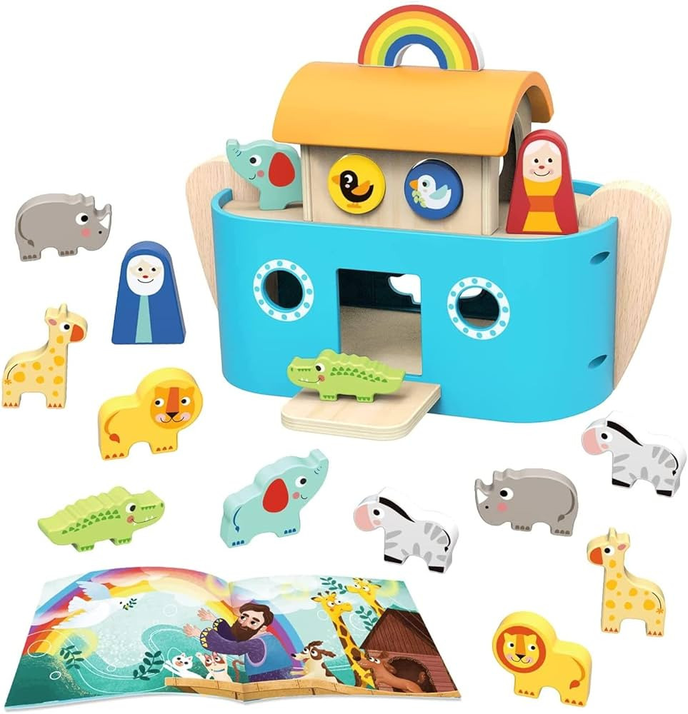 TOOKYLAND Wooden Noah's Ark Playset - 19pcs Animal Shape Sorter with Story Book, Ages 2+ | Amazon (US)