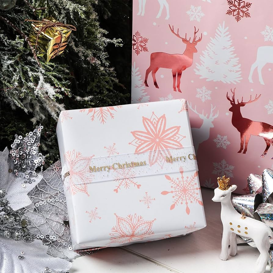 LeZakaa Christmas Pink Wrapping Paper Mini Roll, Reindeer & Snowflake, Metallic Foil, Rose Gold F... | Amazon (US)