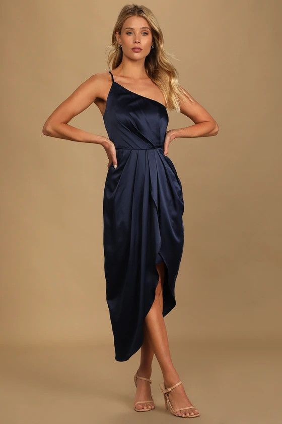 Law of Attraction Navy Blue One-Shoulder Asymmetrical Midi Dress | Wedding Guest Dress  | Lulus (US)