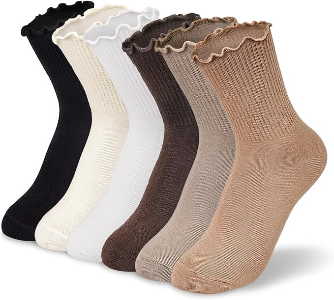 BIVOLU Womens Ankle Socks Ruffle Cotton Cute Frilly Trim Breathable Crew Ruffled Socks 6 Pack | Amazon (US)