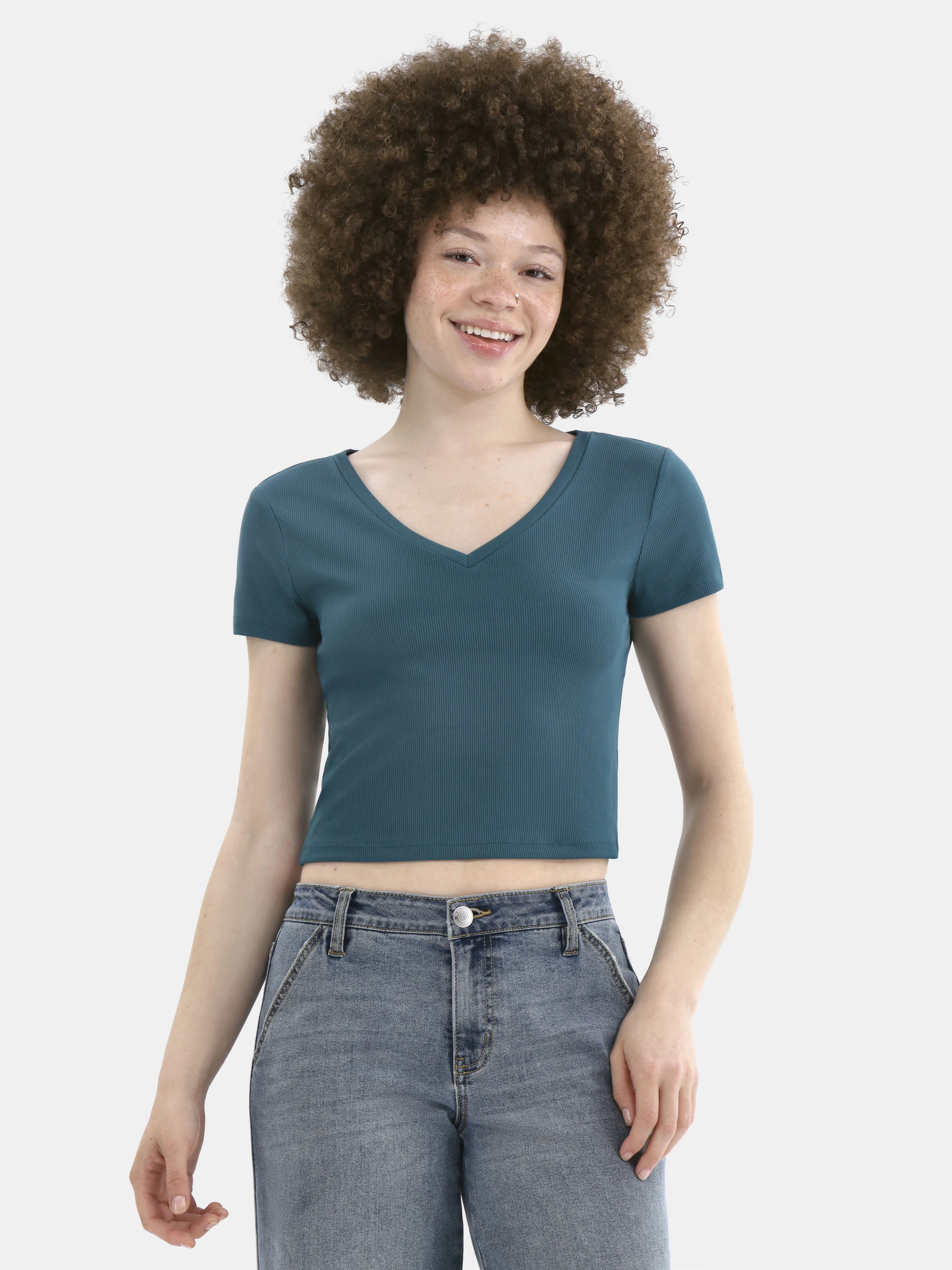 No Boundaries V-Neck Crop Rib Tee, Women's | Walmart (US)
