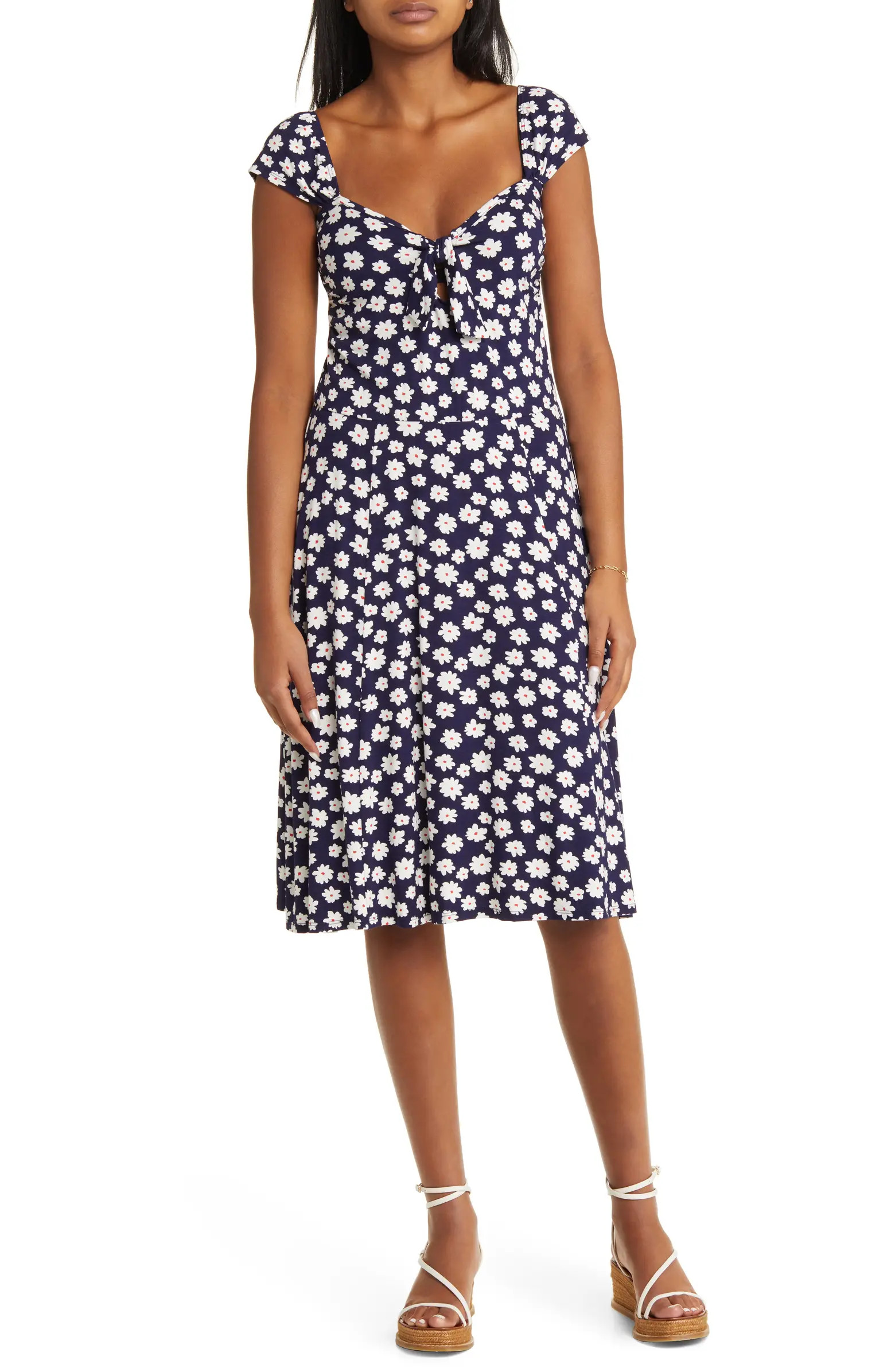 Floral Tie Front Cap Sleeve A-Line Dress | Nordstrom