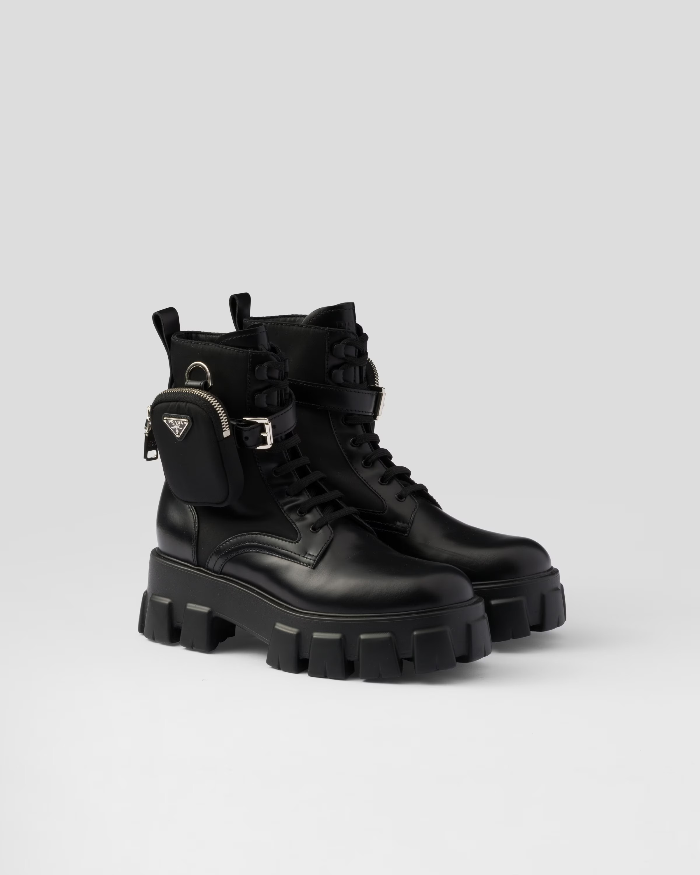 Monolith leather and Re-Nylon boots with pouch | Prada US