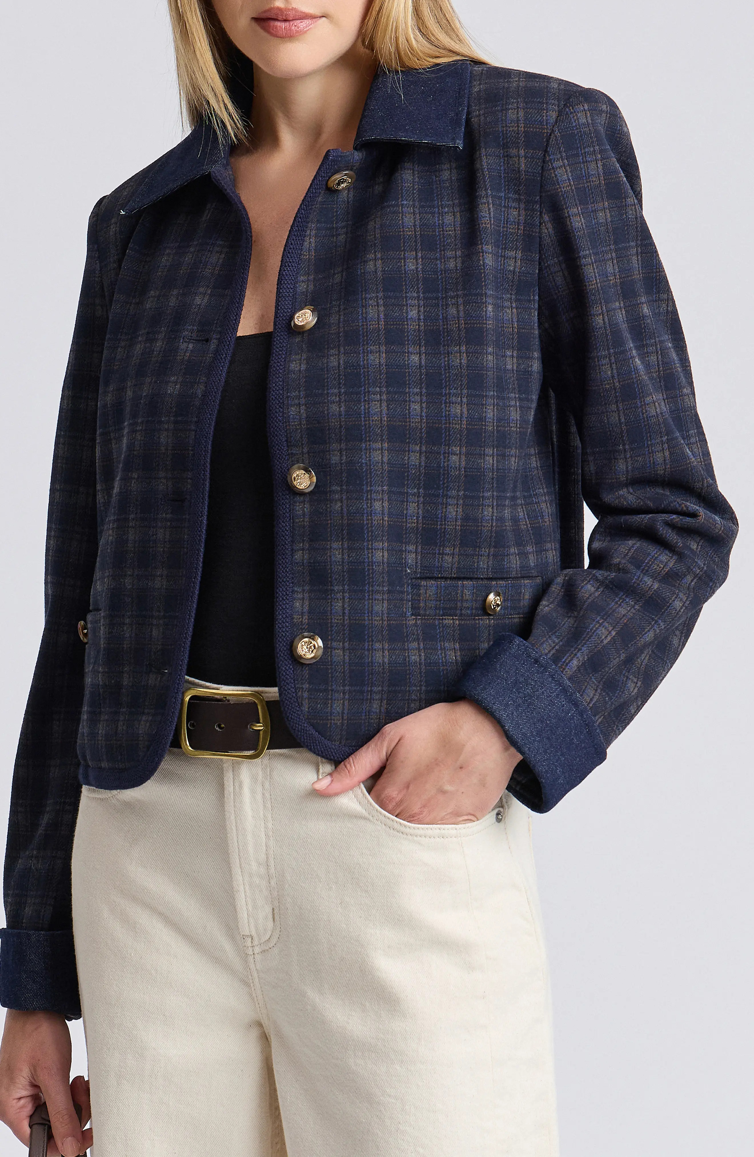 Bagatelle Plaid Button Front Jacket with Denim Collar and Cuffs (Women) | Nordstrom | Nordstrom