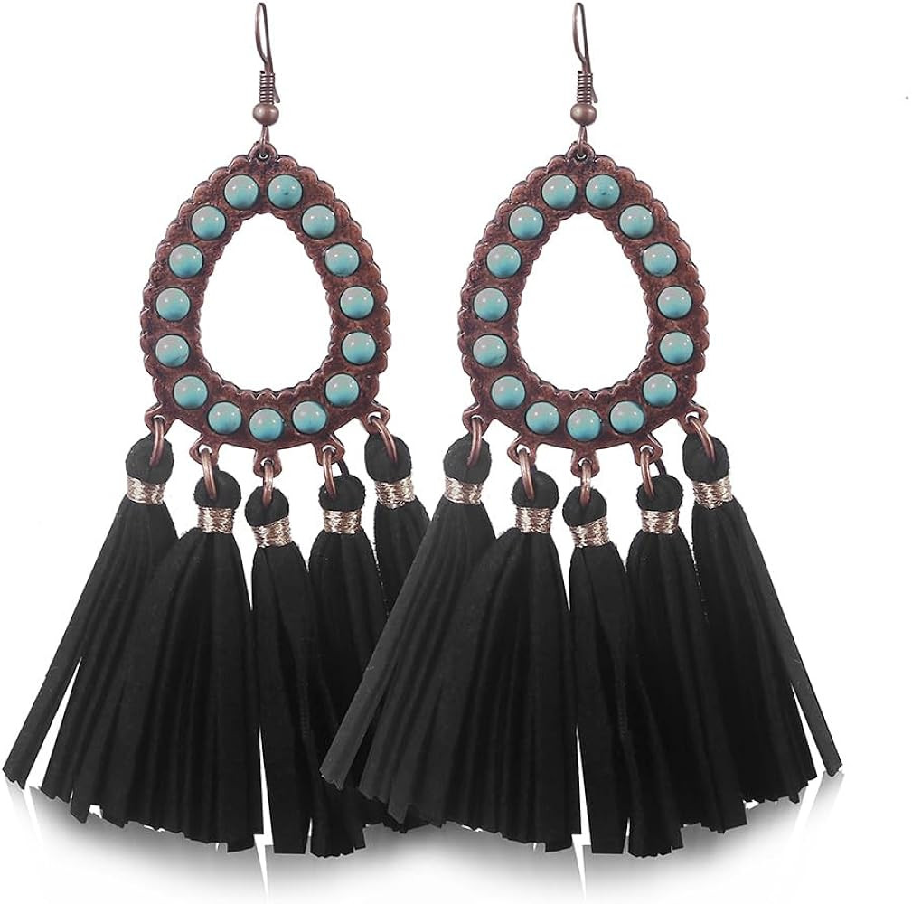 Long Bohemian Fringe Leather Earrrings Handmade Tassel Earrings with Turquoise Vintage Boho Long ... | Amazon (US)