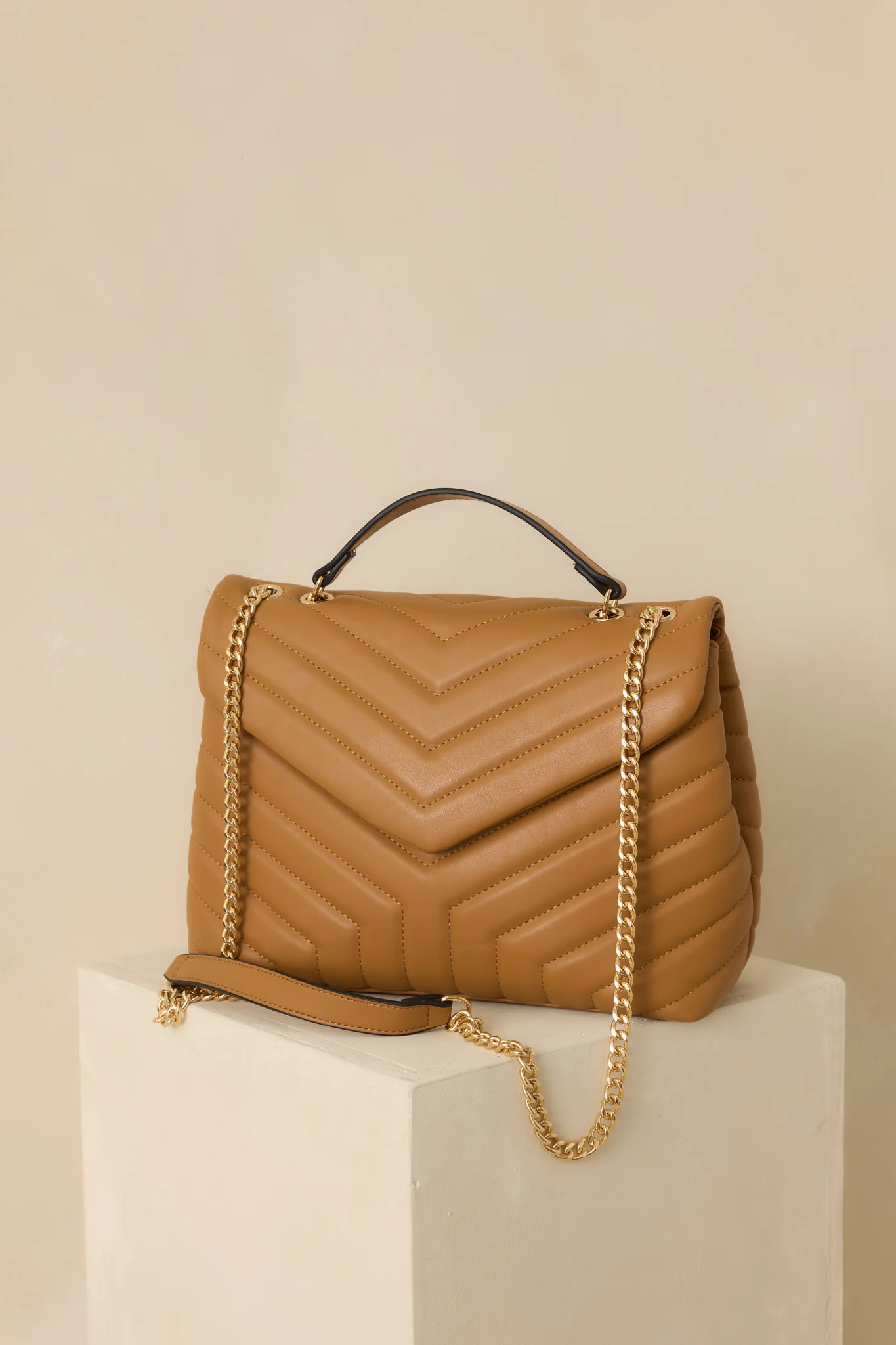 Just Let It Be Tan Quilted Handbag | Red Dress