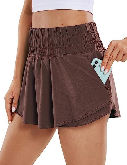 CRZ YOGA Women's High Waisted Flowy Athletic Shorts Ruffle Skirt Wrap Front Liner Workout Running... | Amazon (US)