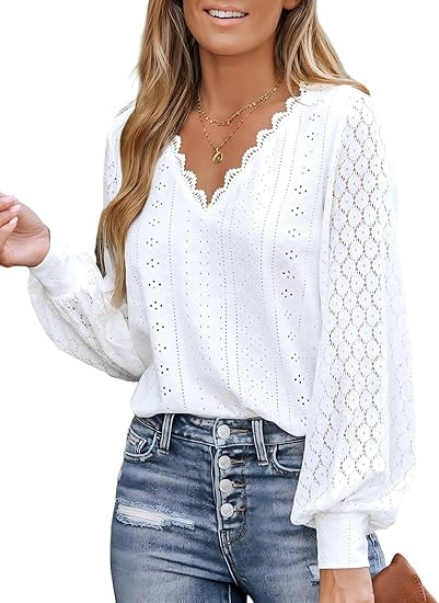 CUPSHE Long Sleeve Tops for Women Eyelet Scalloped Lace V Neck Blouse Casual Loose Fashion Shirts | Amazon (US)