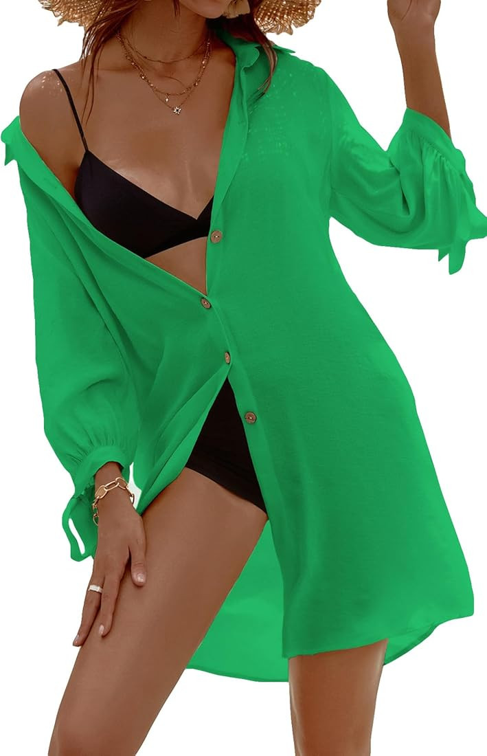 OYOANGLE Women's Button Front Long Sleeve Loose Sheer Cover Up Beach Swimsuit Kimono Shirts | Amazon (US)