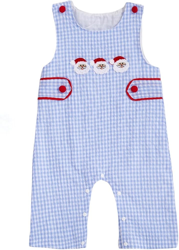 Infant Boy Santa Jumpsuit Newborn Baby Christmas Outfit Embroidery Sleeveless Gingham Romper Wint... | Amazon (US)