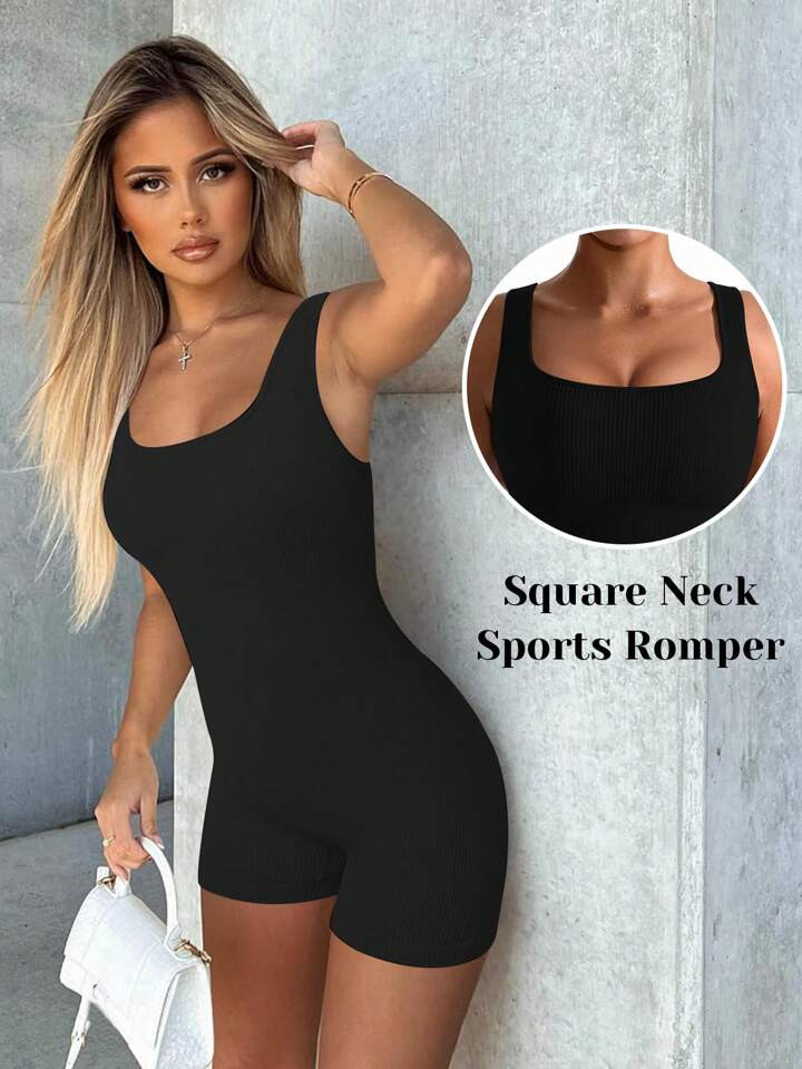 Women Sports Romper Square Neck Tummy Control Ribbed Seamless Yoga Workout Romper | SHEIN