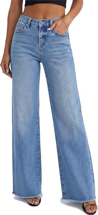 Allimy Womens Wide Leg Jeans High Waisted Stretch Raw Hem Denim Pants | Amazon (US)