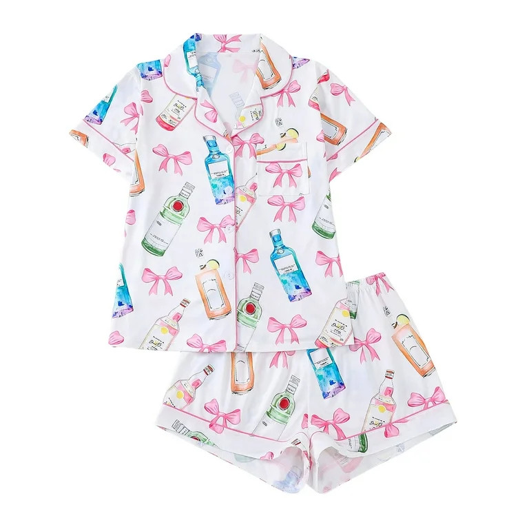 SwiftWear Pink Black Cute Bow/Floral/Heart Print Pajama Set for Women - Milk Silk Sleepwear & Lou... | Walmart (US)