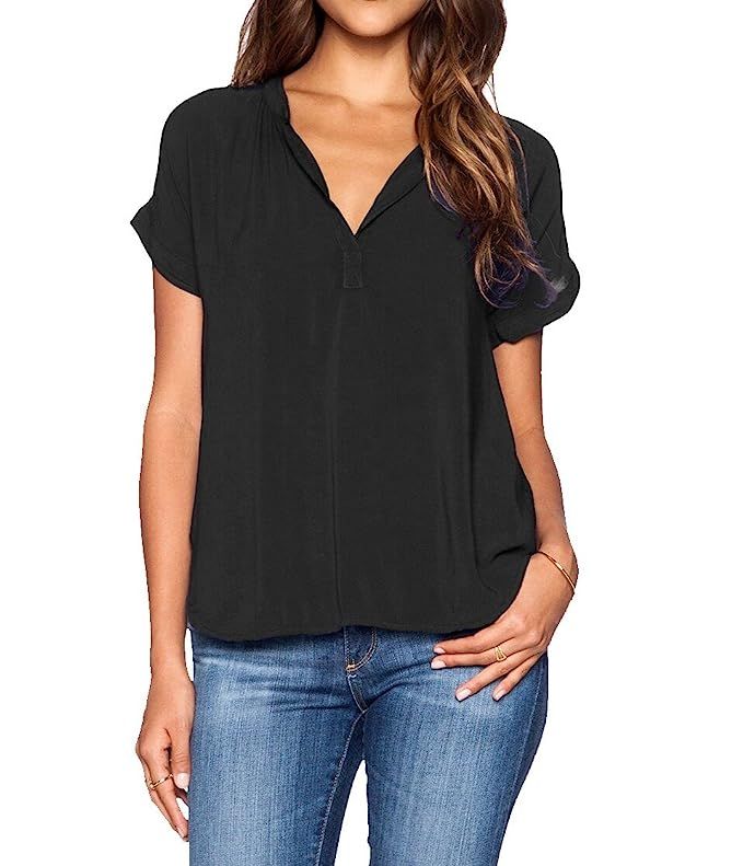 LILBETTER Women Chiffon Blouse V Neck Short Sleeve Top Shirts | Amazon (US)