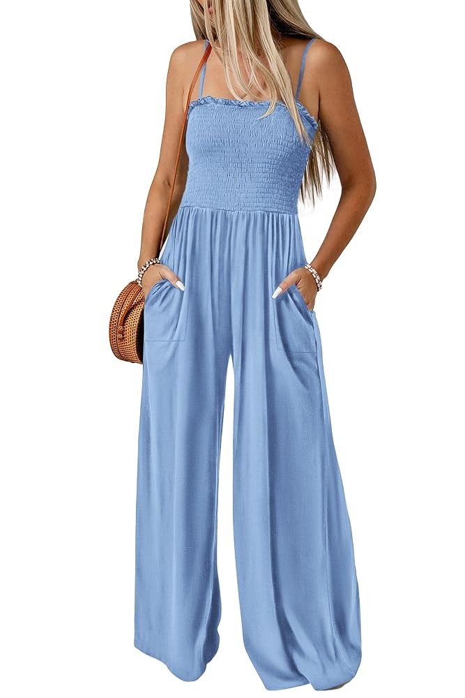 Amazon.com: PRETTYGARDEN One Piece Jumpsuits For Women Summer Smocked Spaghetti Strap Wide Leg Dr... | Amazon (US)