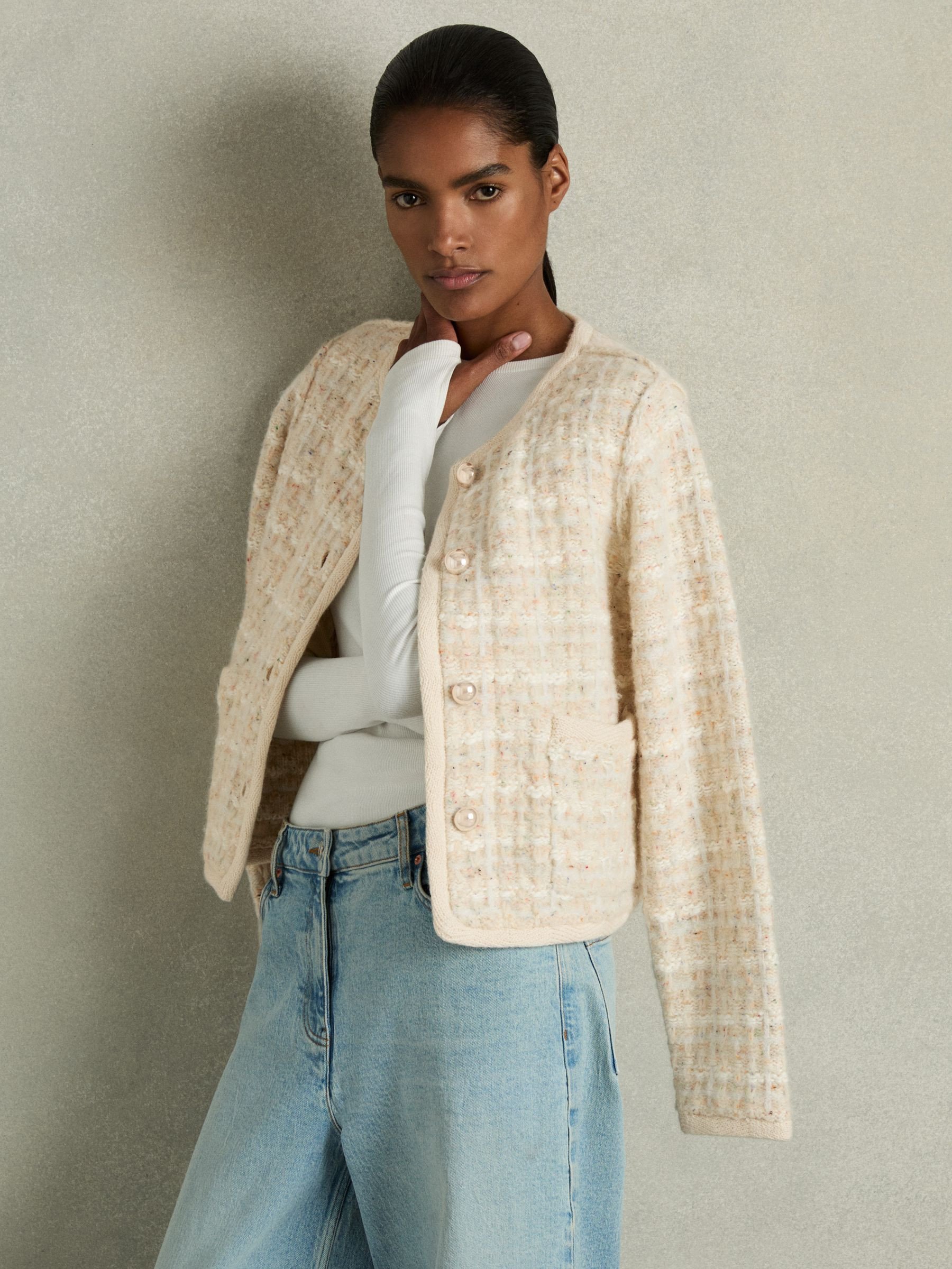 Reiss Tweed-Effect Cardigan with Merino in Light Pink - REISS | Reiss UK