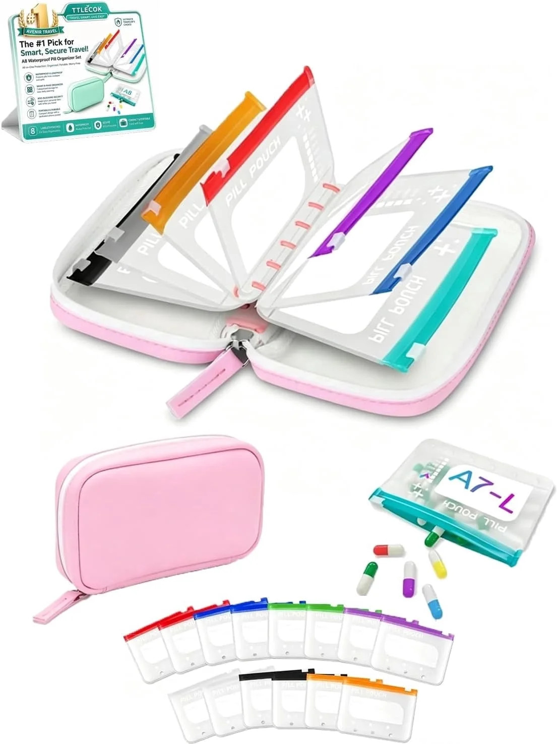 A8 Waterproof Pill Organizer Set, Waterproof Pill Pouch Set, Travel Medicine Organizers with 14 Color-Coded Pouches, Leakproof Reusable Zippered Storage Case - Walmart.com | Walmart (US)