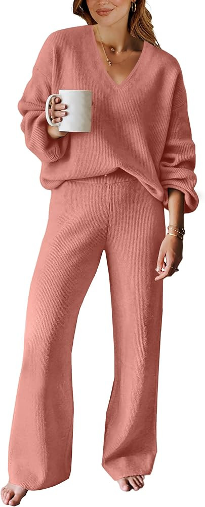 ANRABESS Women 2 Piece Outfits Sweater Lounge Sets Long Sleeve Cable Knit Pullover and Wide Leg P... | Amazon (US)