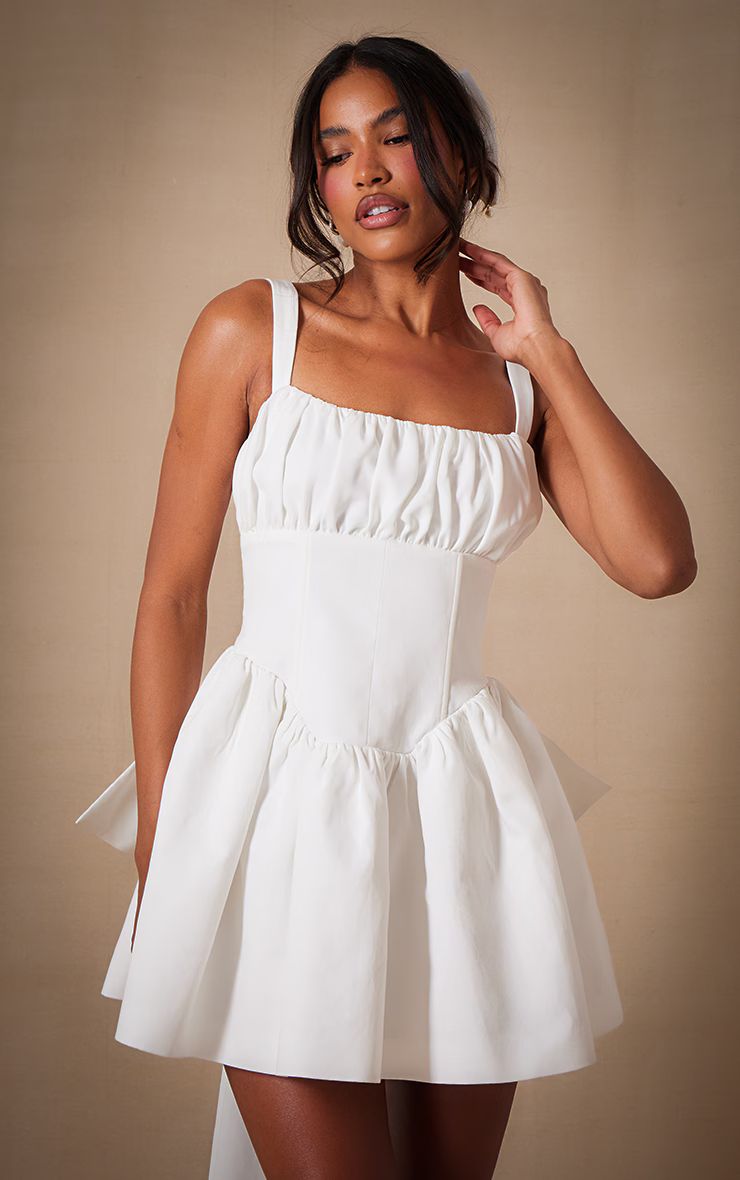 Premium White Woven Bow Detail Mini Dress | PrettyLittleThing UK