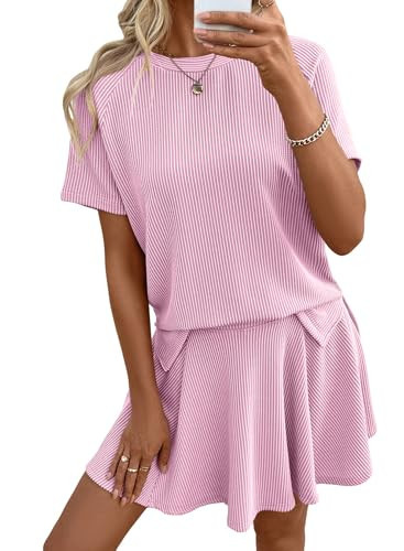 EVALESS Womens Two Piece Sets Summer Lounge Set Ribbed Knit Short Sleeve Tops Matching Lined Pleated Mini Skirt 2026 Fashion 2 Piece Outfits Going Out Vacation Travel Clothing Pink Small | Amazon (US)