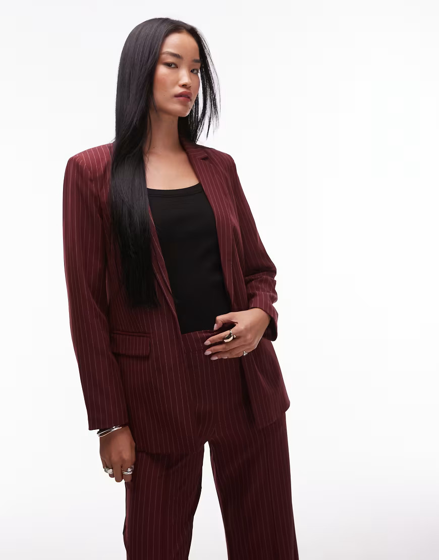 Pieces tailored blazer co-ord in burgundy pinstripe | ASOS (Global)