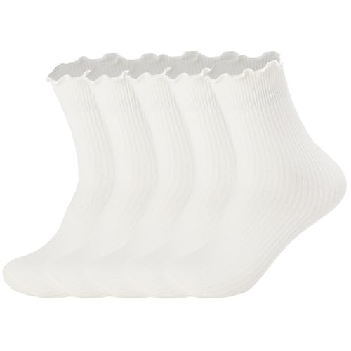 Flydo Ruffle Socks Women Cotton Socks Cute White Socks for Women Girls Lettuce Edge Socks Women Frilly Low Socks 5 Pack White | Amazon (US)