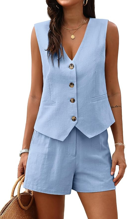 ELLEVEN Women's 2 Piece Summer Outfits Linen Lounge Matching Sleeveless V-Neck Vest and Shorts Se... | Amazon (US)