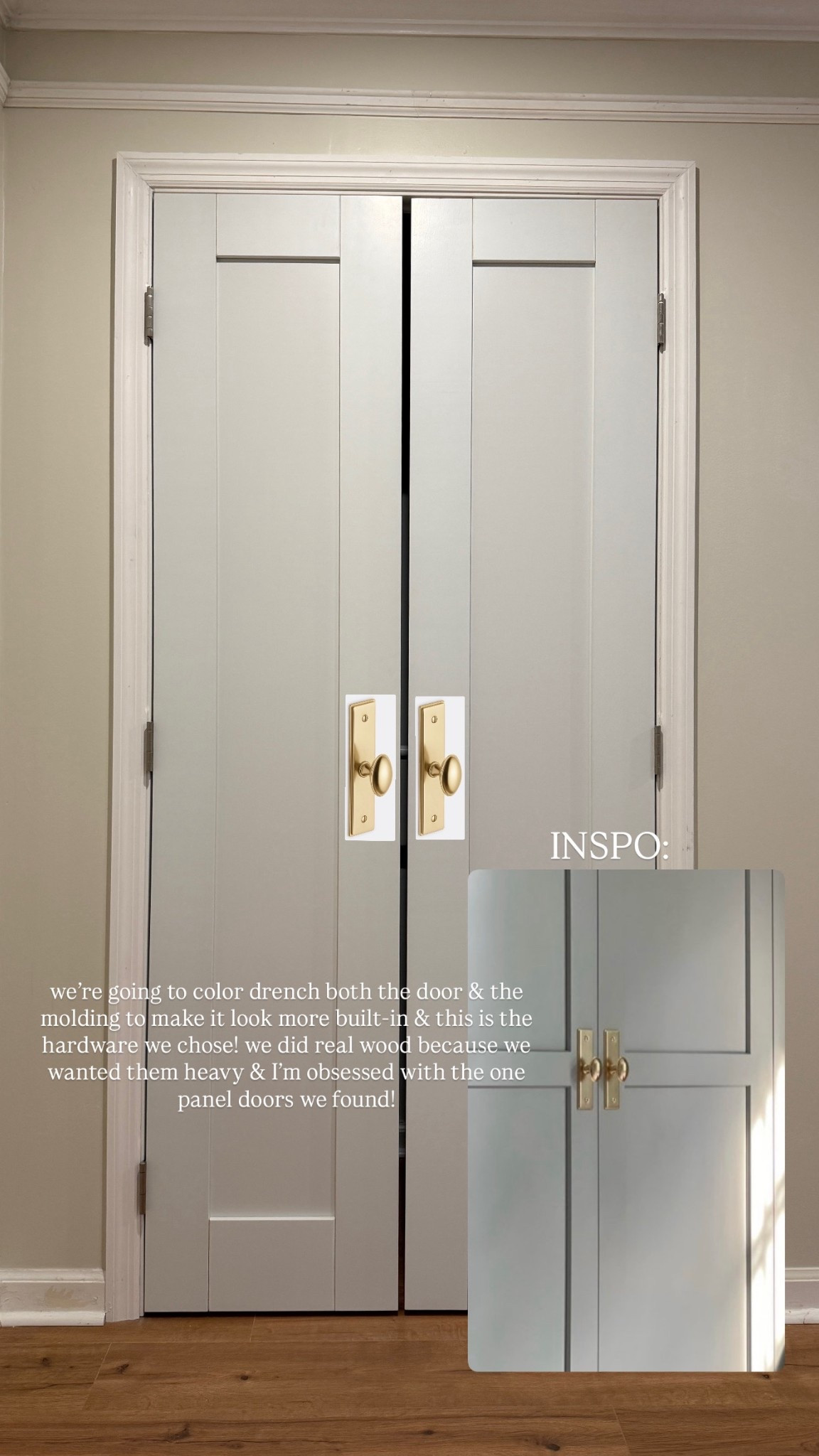 Aged brass 4 inch backplate dummy knob / wall color (and future door color) is farrow and ball schoolhouse white