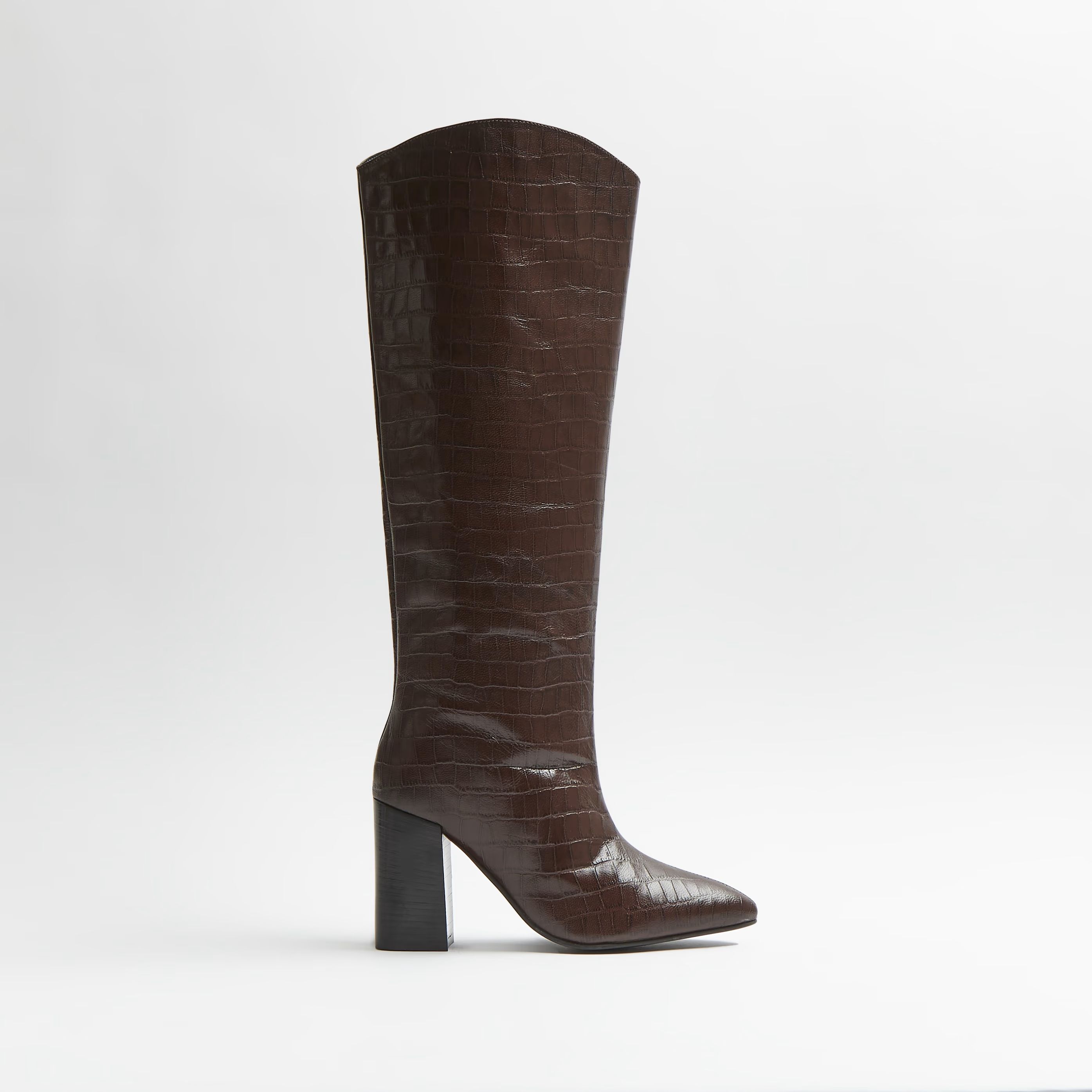 River Island Womens Brown croc embossed knee high heeled boots | River Island (UK & IE)