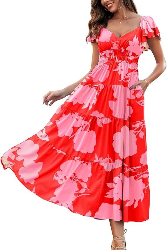 Jusfitsu Flowy Maxi Dresses for Women 2024 V Neck Casual Summer Dress with Pockets Flutter Sleeve... | Amazon (US)