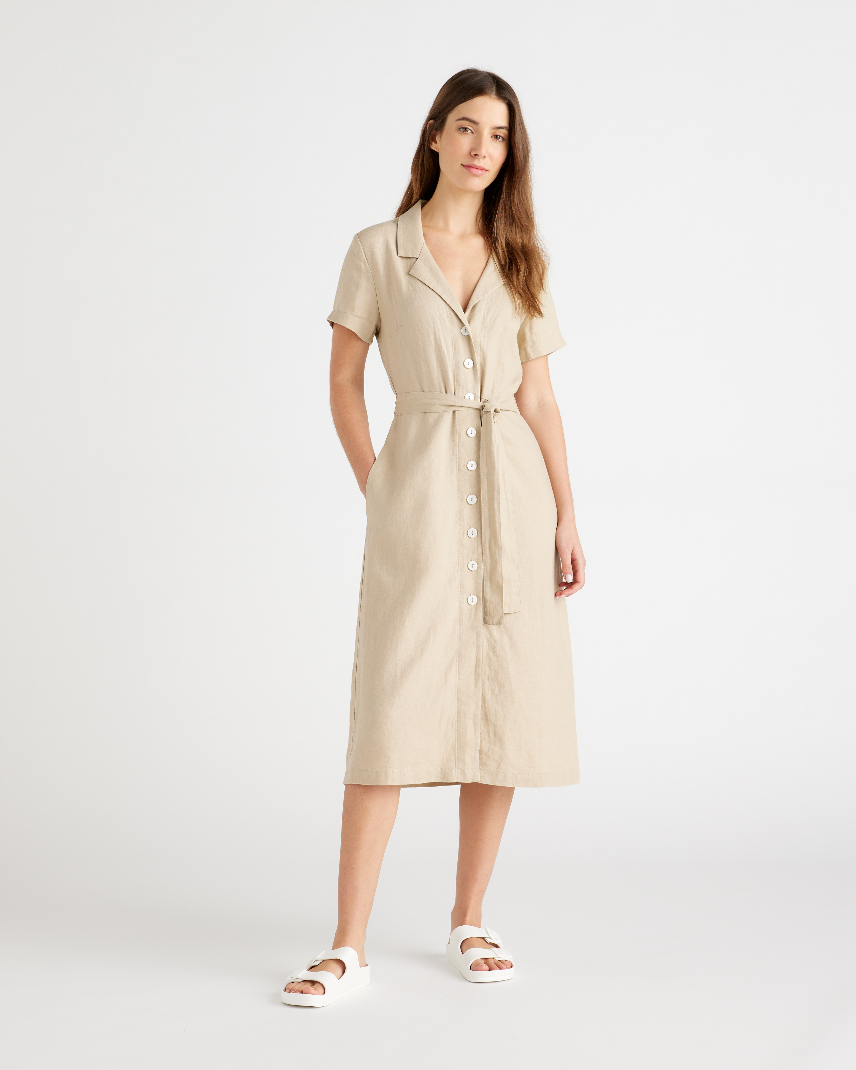 Quince | Women's Short Sleeve Dress in Driftwood, Size Small, Linen | Quince