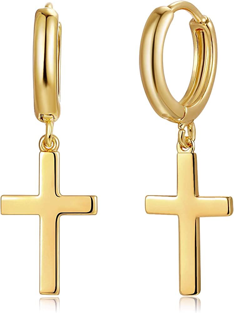 Gold Dangle Drop Hoop Earrings for Women Men Gold Plated Dainty Earrings Hypoallergenic Cross/Lightn | Amazon (US)