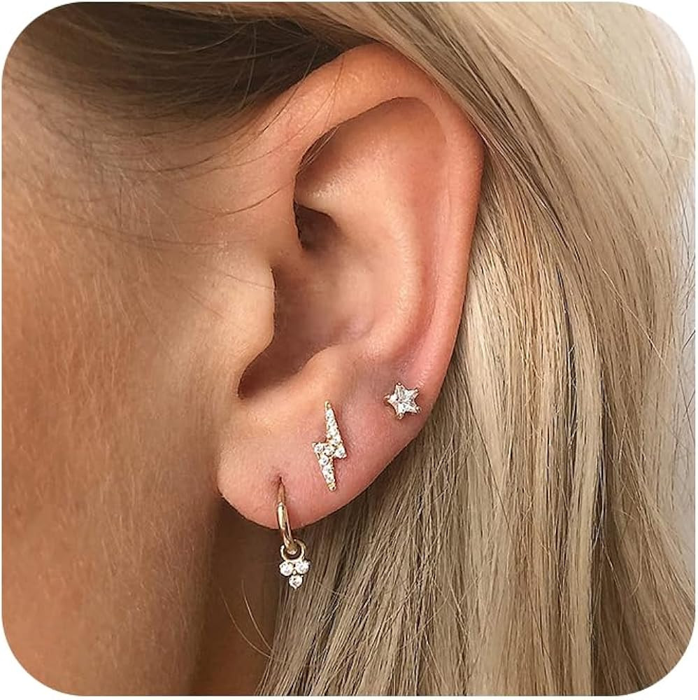 CHESKY Cubic Zirconia Gold Stud Earrings, Hypoallergenic Earrings Set for Women 14K Gold/Silver P... | Amazon (US)