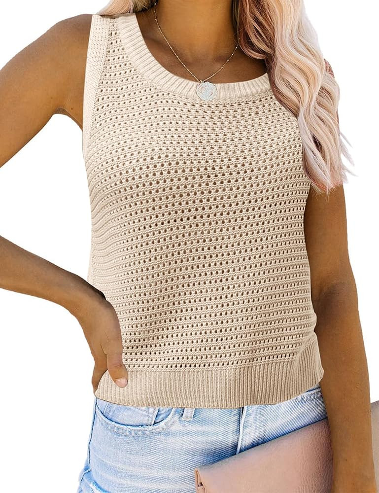 Womens Knit Sweater Vest Summer Tank Tops Round Neck Crochet Hollow Out Sleeveless Crop Top | Amazon (US)