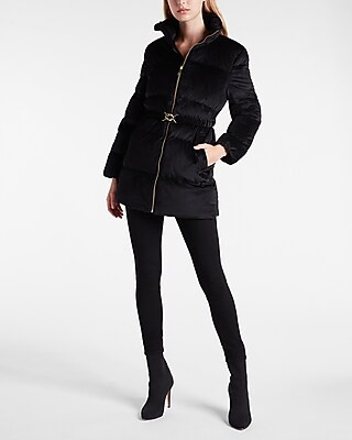 Black Velvet Belted Puffer Jacket | Express
