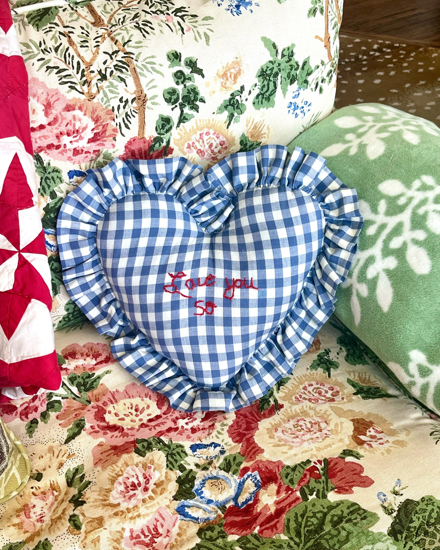Pattern play. Embroidered blue and white gingham heart shaped pillow. Love it for year-round use but also sweet for the Valentine season! 
Linking my exact Tricia Lowenfield pillow plus a bunch of options. 
Also linking a few Chappy blanket Wrap blanket options. This is the Garden Gate which they now have in blue...

#LTKGiftGuide #LTKhome #LTKSeasonal