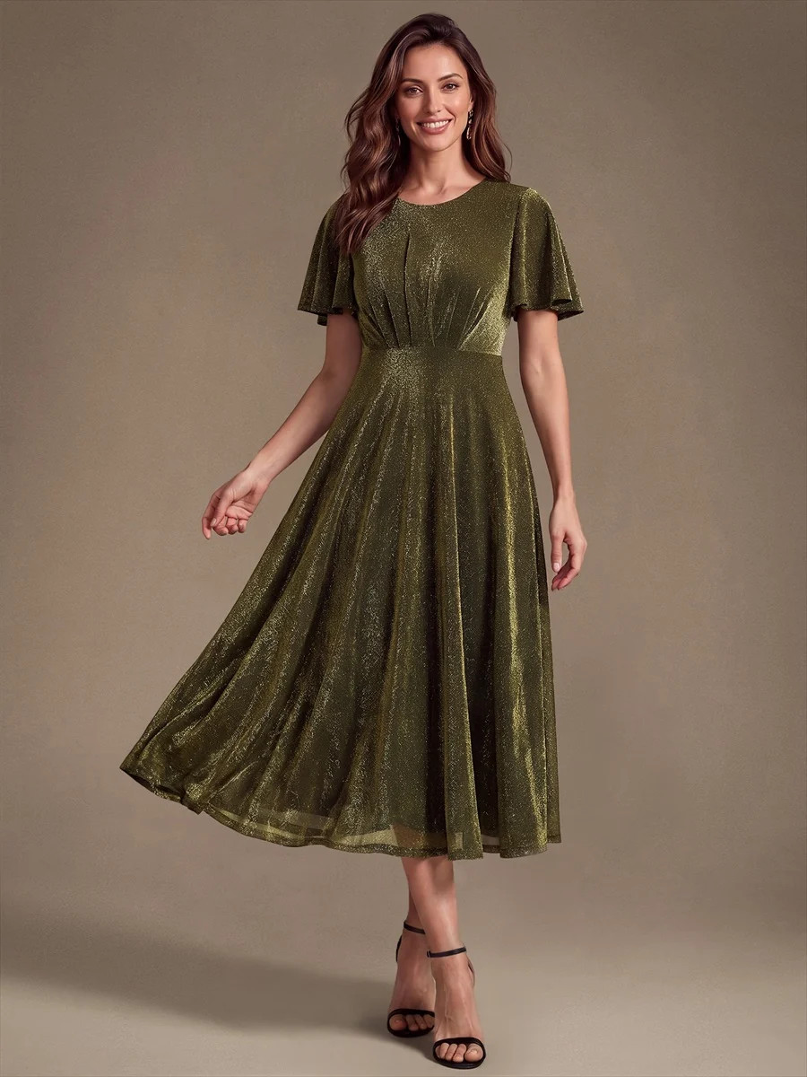 Knit Glitter Ruffles Sleeve A-Line Wedding Guest Dress | Ever Pretty Garment Inc