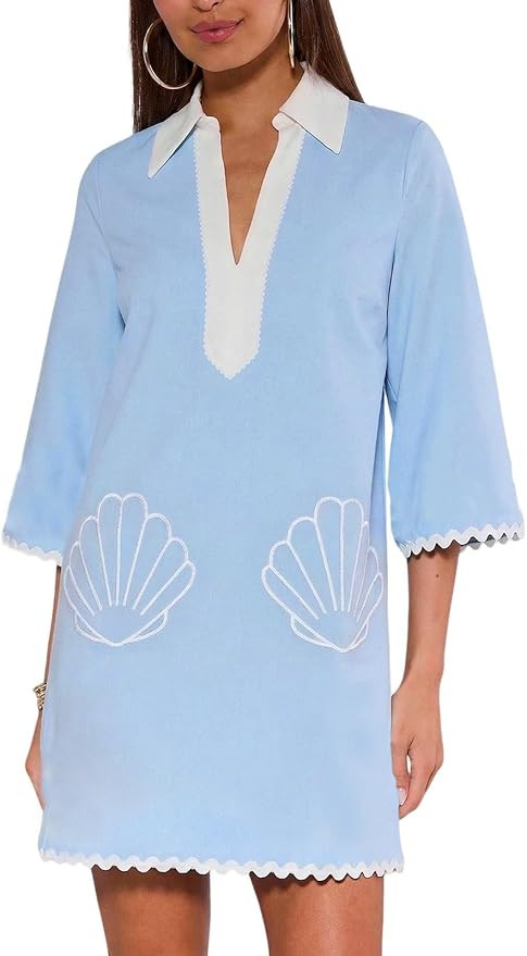 Women's Shell V-Neck Blue Mini Dress 3/4 Sleeve Contrast Wave Trim Casual Tunic Dresses Beach Sum... | Amazon (US)