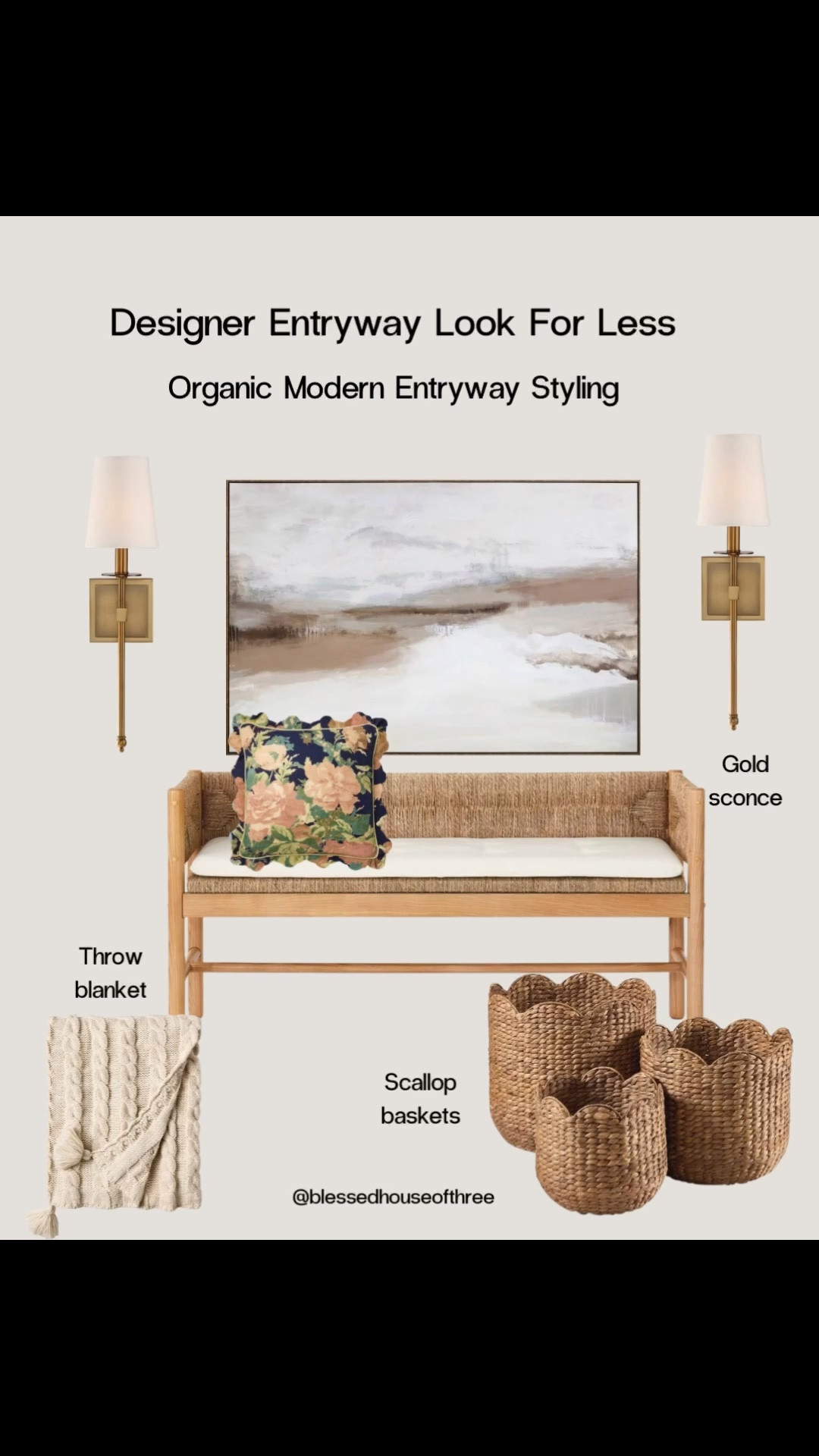 Designer entryway look for less using a mix of Amazon, Target Studio McGee, and Wayfair finds to create a high-end organic modern entryway on a budget. This space is styled with a look for less woven bench, neutral wall art, brass sconces, cozy throw blankets, and layered textures to give that warm designer look without the designer price tag. Perfect for organic modern neutral home decor lovers, entryway styling ideas, and affordable home finds that still feel elevated and curated. Follow me on LTK for daily home decor finds, Amazon favorites, and styling ideas.

#LTKHome #LTKSaleAlert