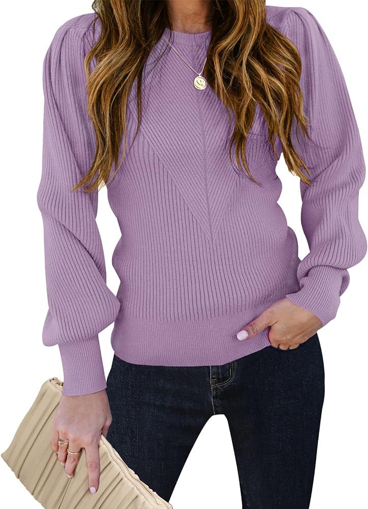 TECREW Women's Puff Sleeve Crew Neck Pullover Sweater Casual Cozy Knit Slim Jumper Tops | Amazon (US)