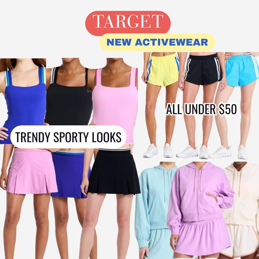 Target new activewear that is so good right now and every single piece is under $50 🤍✨ Square neck tank tops in cobalt, black, and pink with contrast stripe straps, striped running shorts in yellow, black, and blue, pleated tennis skirts in pink, cobalt, and black, and the most adorable pastel cropped hoodie sets — trendy sporty looks that feel so elevated and so affordable all at once. 

#LTKfitnessgoals #LTKActive #LTKSeasonal