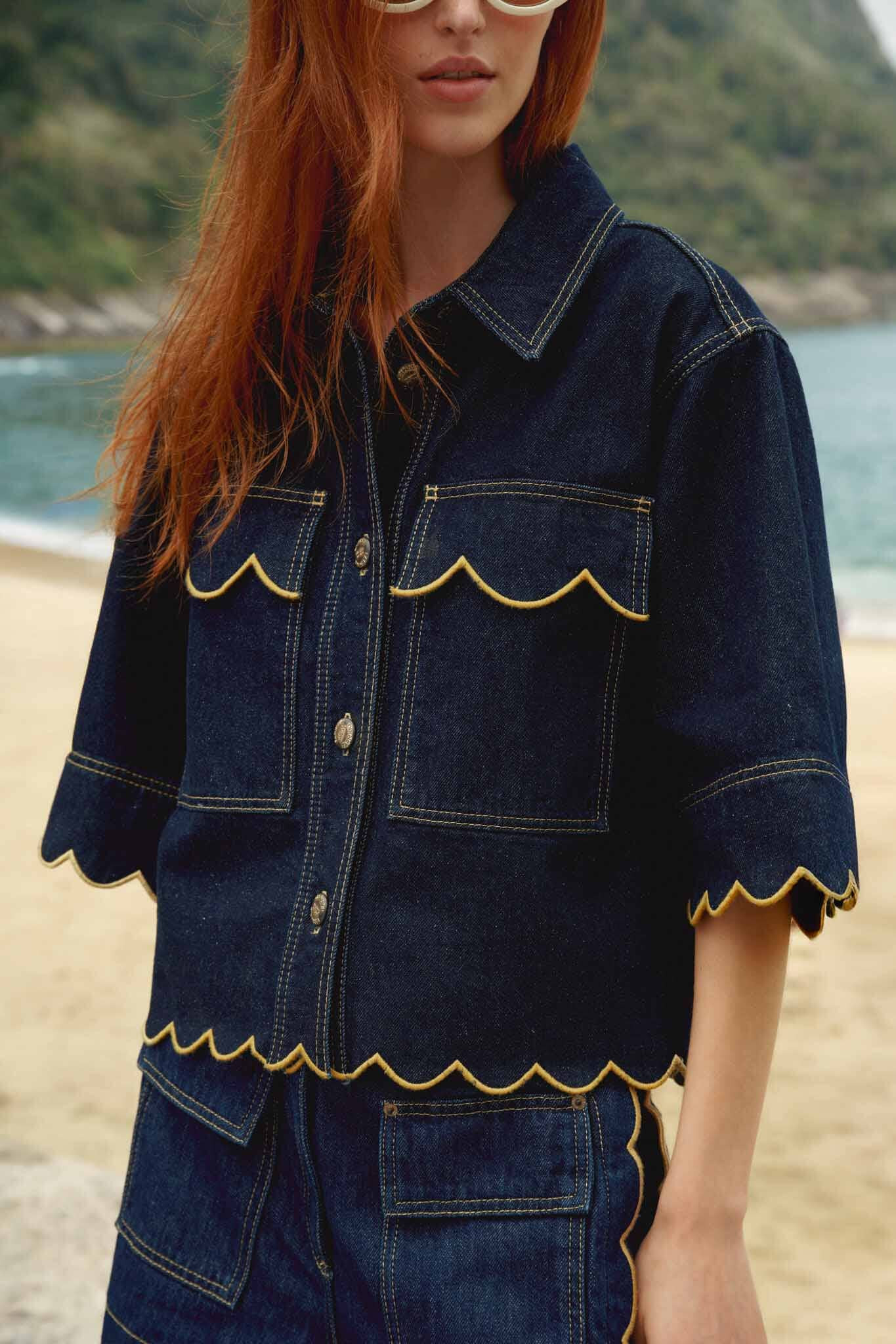 Dark Denim Wavy Hem Short Sleeve Shirt | FARM Rio | FarmRio (US)