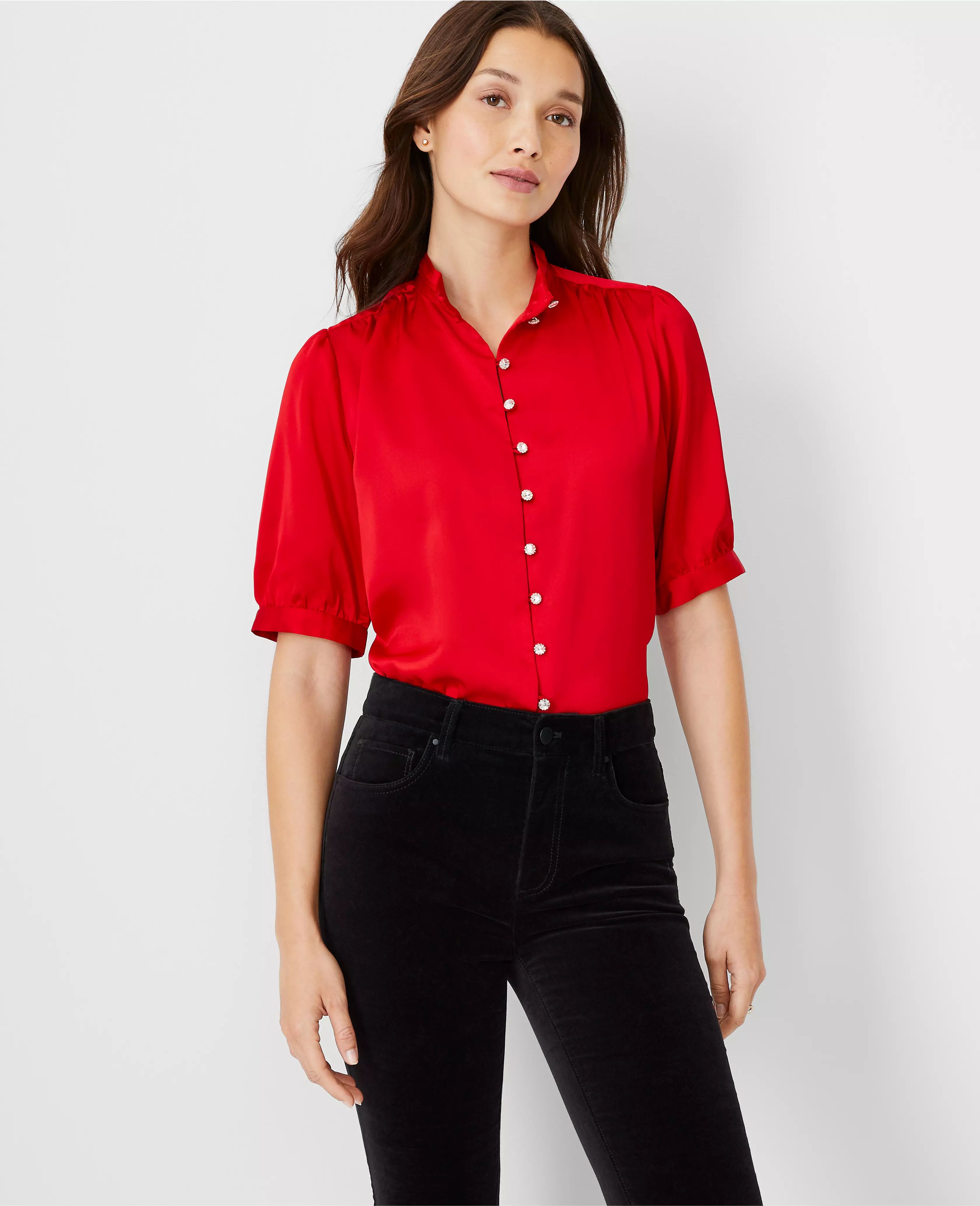 Crystal Button Pleated Mock Neck Top | Ann Taylor (US)