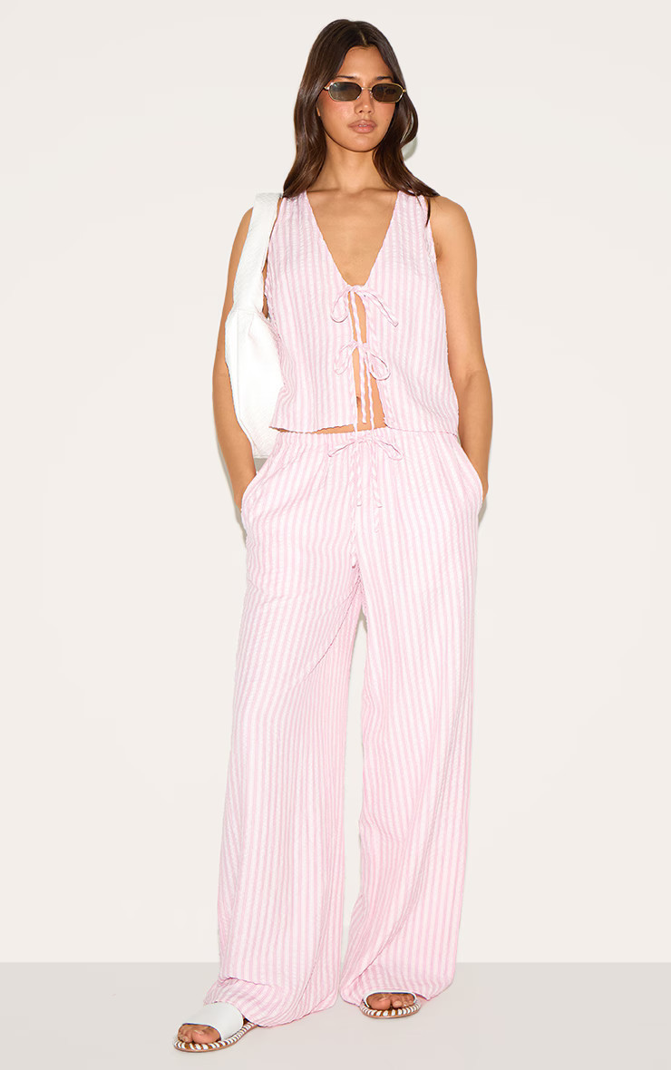 Pink Striped Tie Waist Straight Leg Pant | PrettyLittleThing US