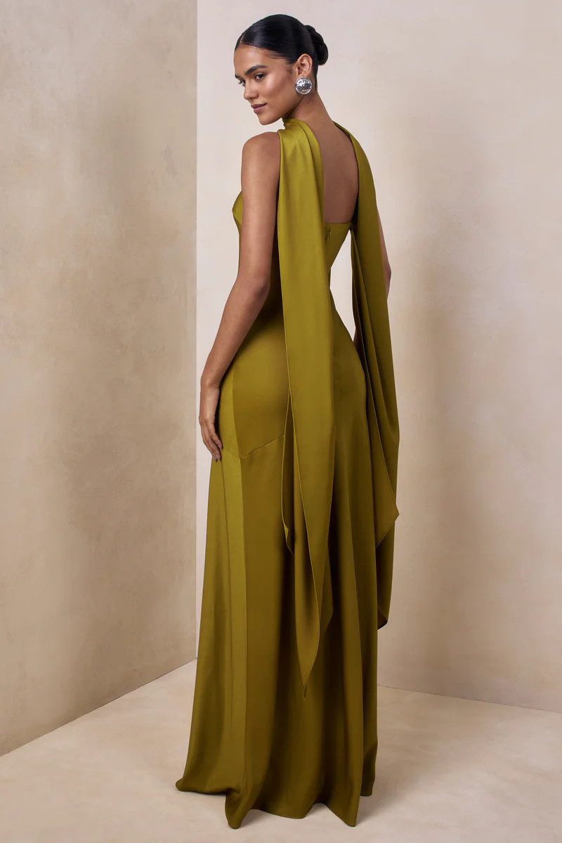Charly  Olive Matte Satin Bandeau Maxi Dress With Scarf-Detail | Club L London