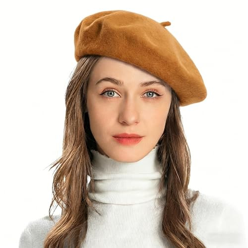 ZLYC Wool French Beret Hat Solid Color Beret Cap for Women Girls (Mud Yellow) | Amazon (US)