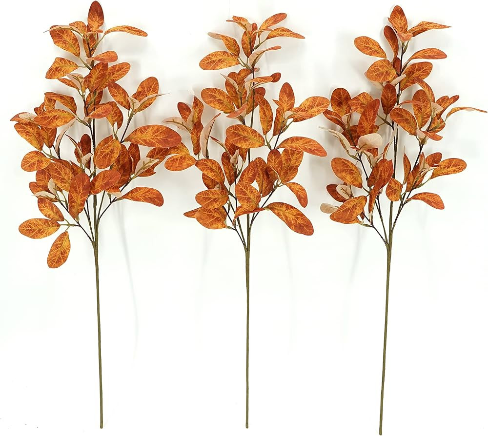 WreathDream 3 pcs 27" Fall Stems Artificial Eucalyptus Stems with Orange Lambs Ear Leaves for Flo... | Amazon (US)