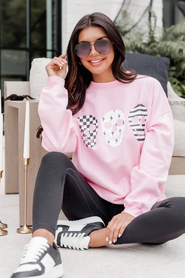 Skulls Trio Pink Oversized Graphic Sweatshirt | Pink Lily