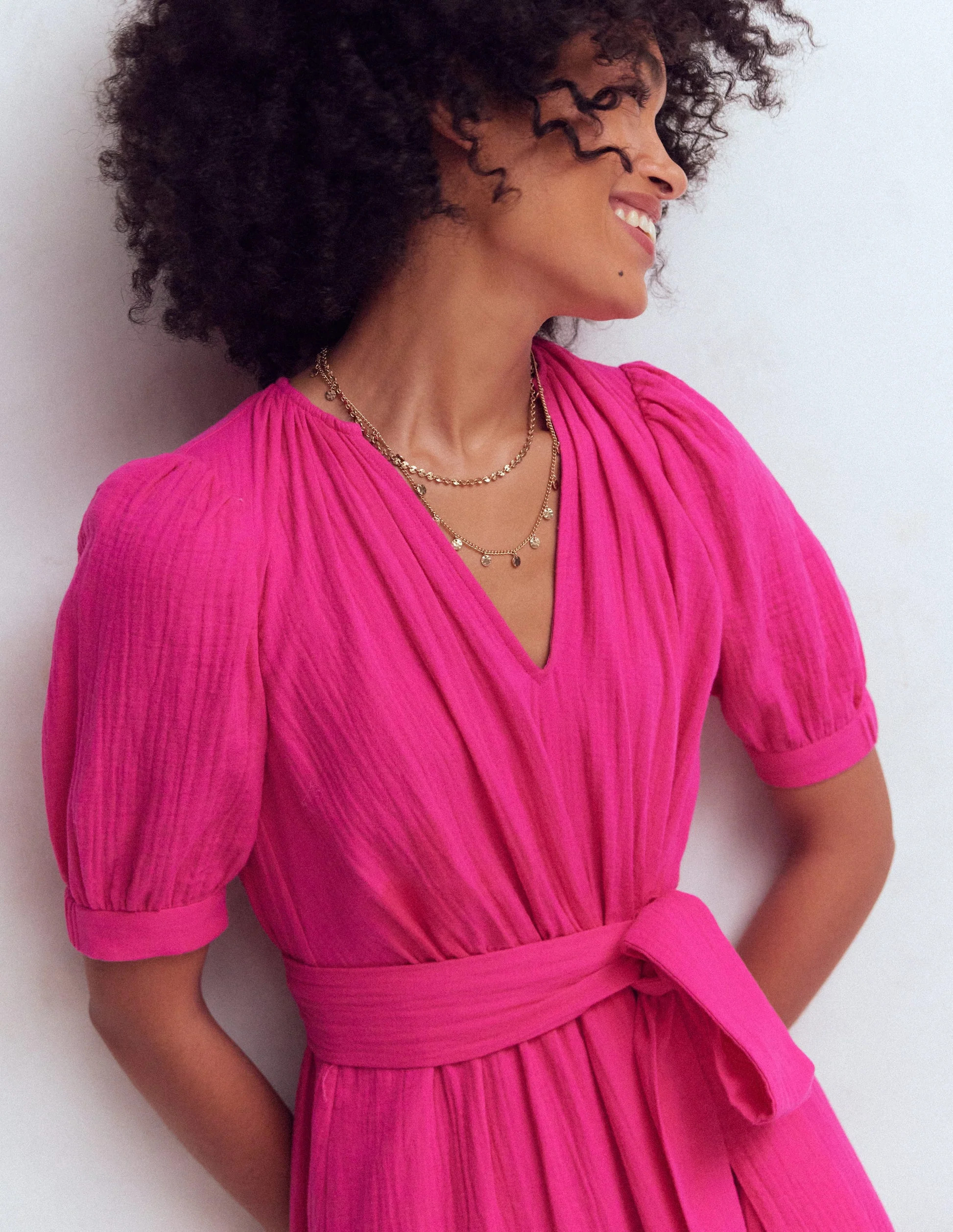 Double Cloth Puff Sleeve Dress-Bright Pink | Boden (US)